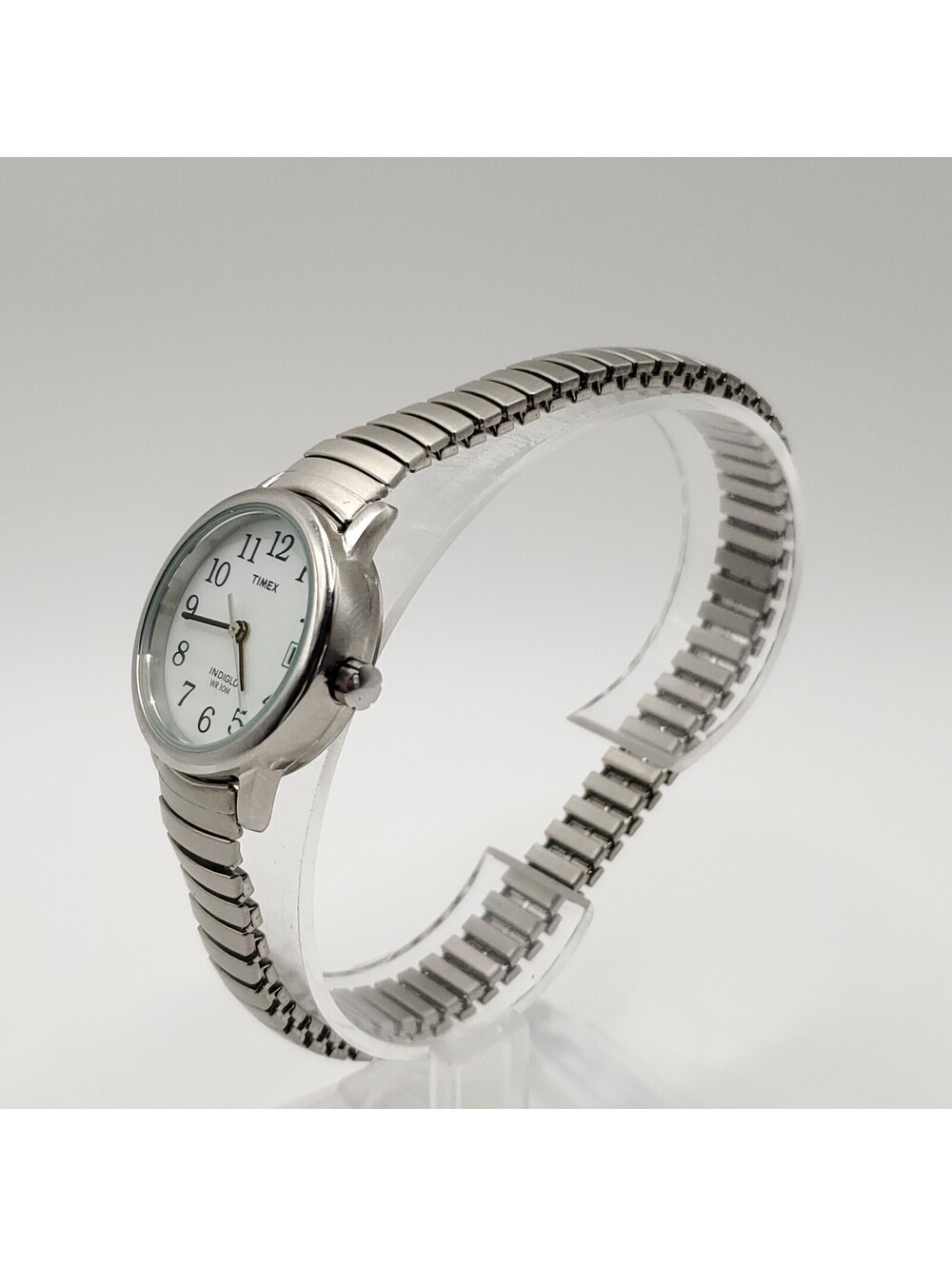 Timex Indiglo White Date Dial Womens Watch 25mm Silver Stretch Band New Battery - Picture 3 of 15